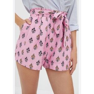 Anthropologie Pink Floral Block Print Elastic Waist Tie Shorts Womens Size Large